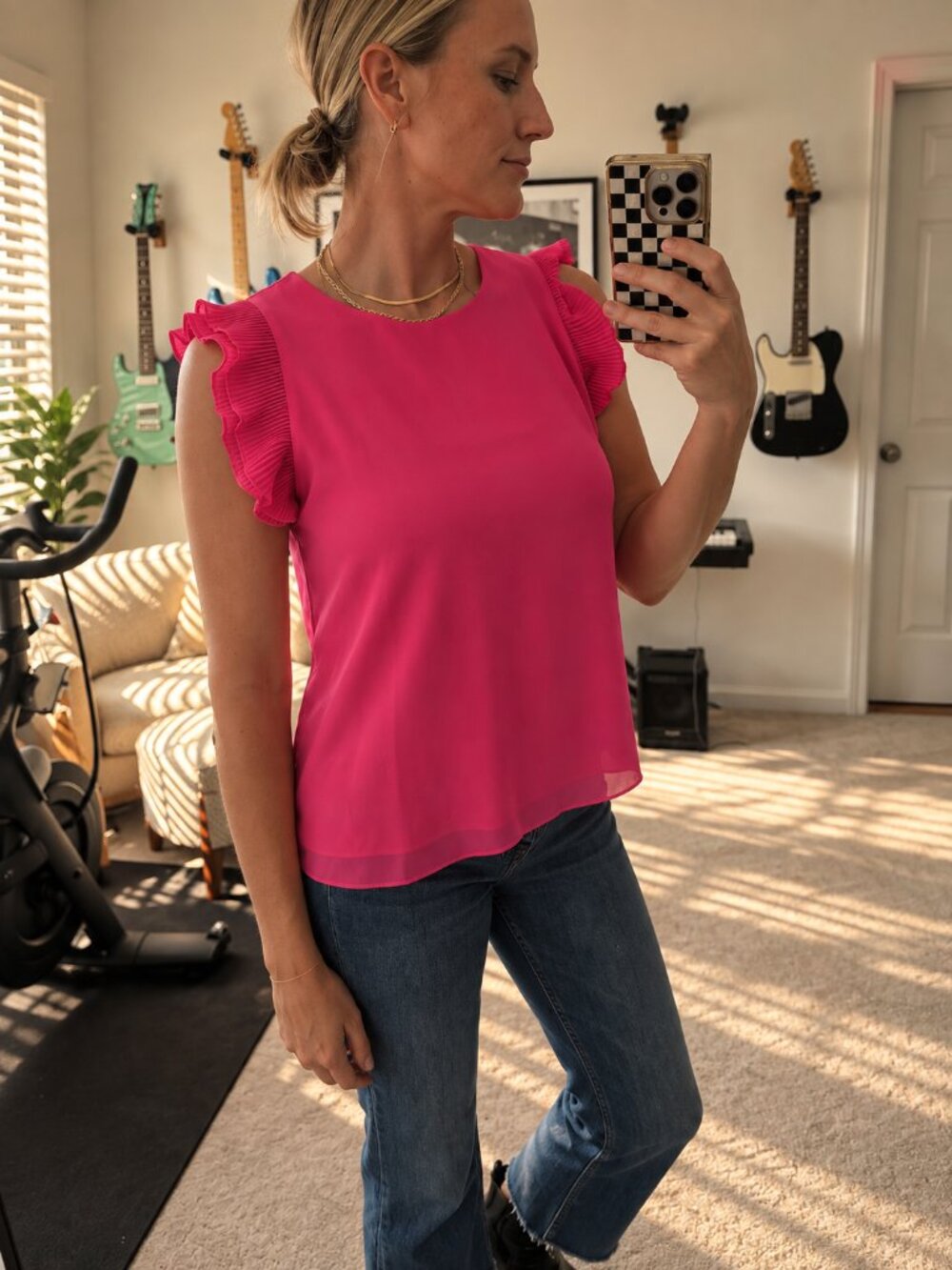 Naked Zebra Hot Pink Pleated Ruffle Sleeve Blouse Size L